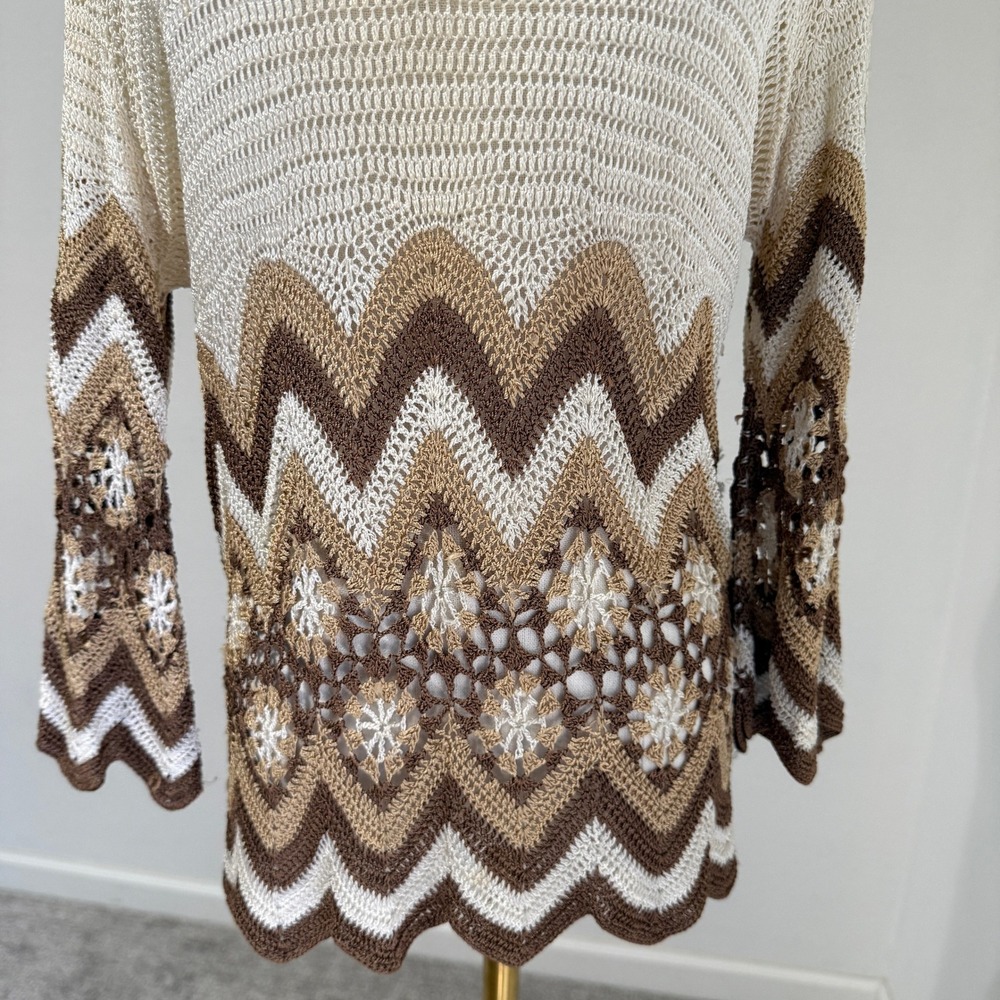Vintage Silk Blend Crochet Knit Top Sweater Bell Sleeve Cream Brown Small 70s - Picture 4 of 10